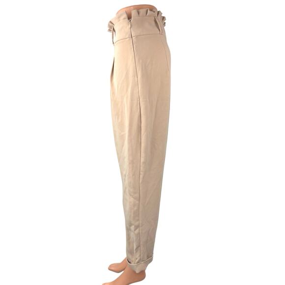 Zara Cream Beige Pleated Cuffed Tapered Leg Paperbag Crop Ankle Trousers Pants M - Picture 2 of 5
